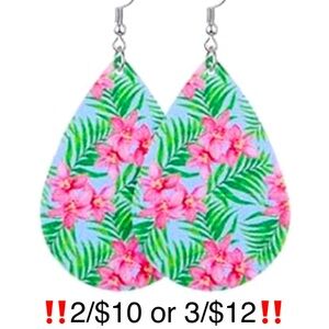 Tropical Flower Palm Leaf Earrings Faux Leather Summer Earrings Pink Green Blue